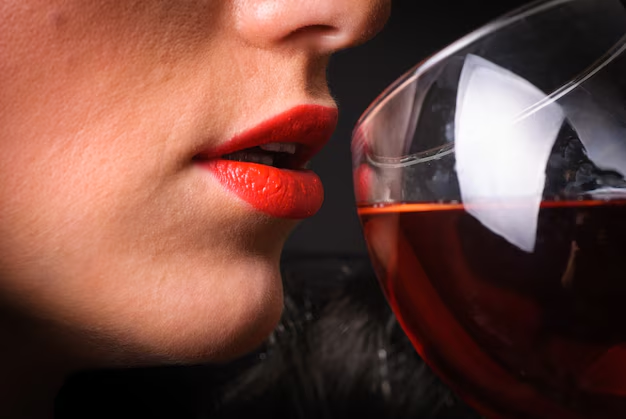 Red lips approaching a glass of red wine